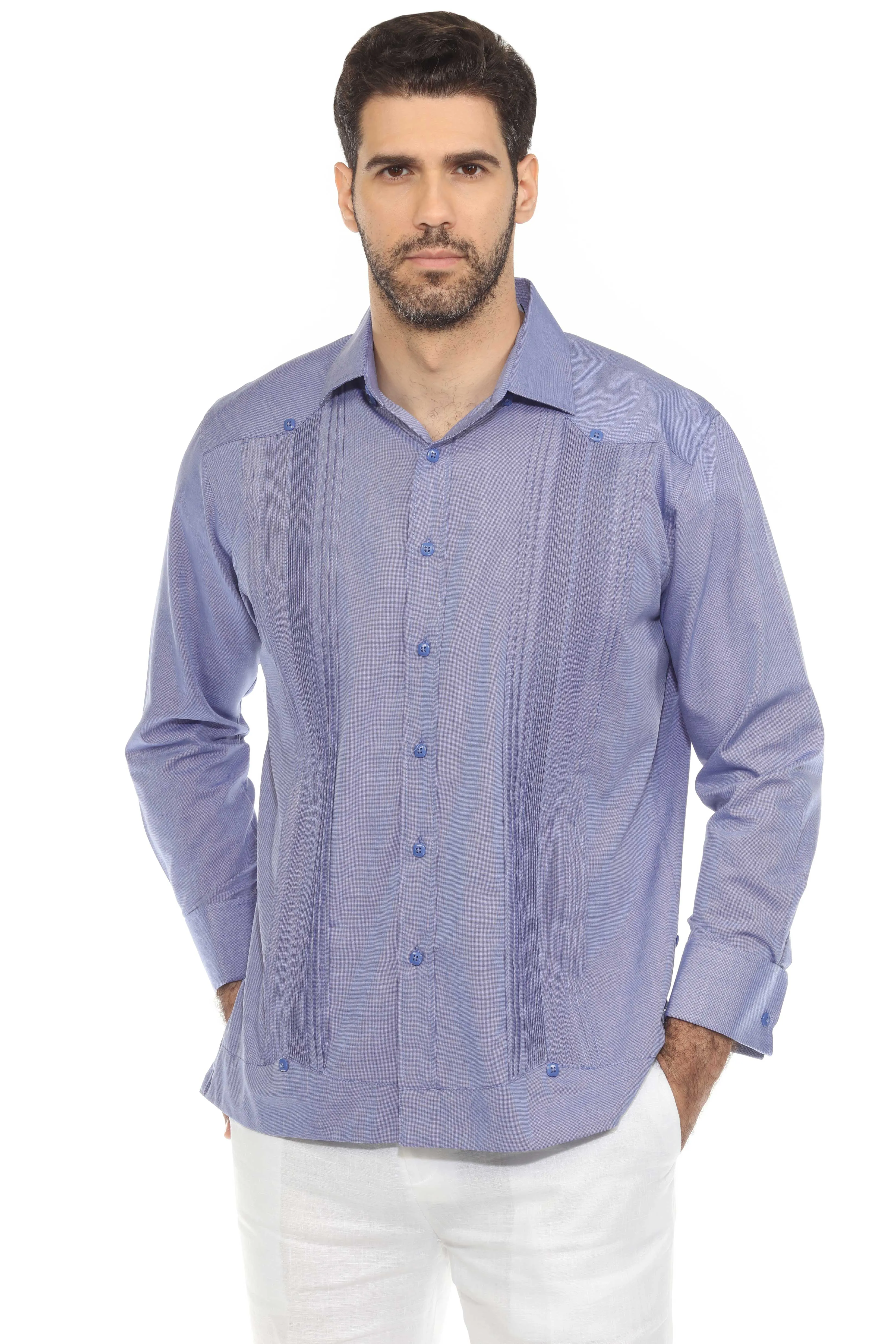 Men's Cotton Blend Guayabera Chacabana Shirt Long Sleeve with French Cuff and Pleated Trim