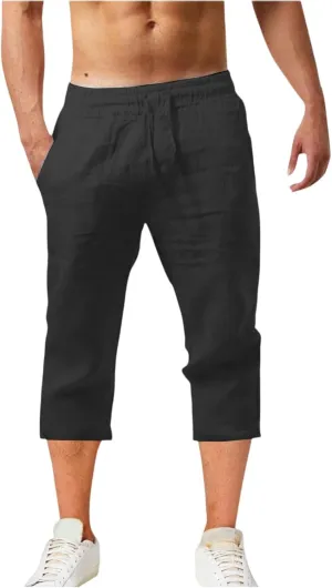 Mens Cotton Linen Pants Slim Fit 3/4 Long Shorts Elastic Waist Drawstring Harem Casual Beach Trousers