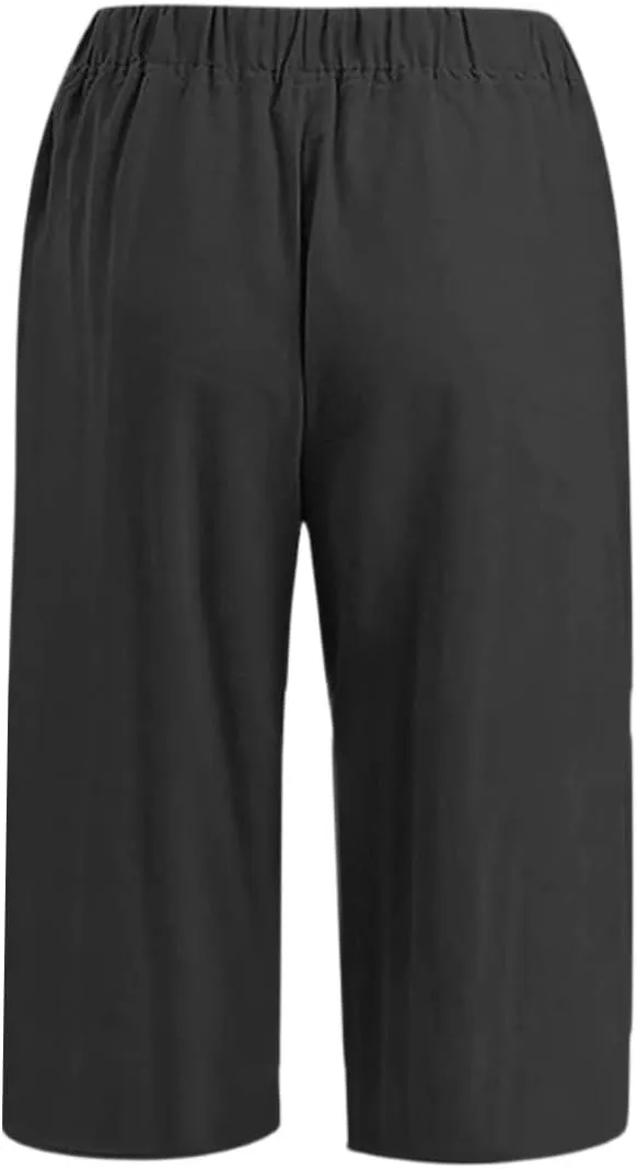 Mens Cotton Linen Pants Slim Fit 3/4 Long Shorts Elastic Waist Drawstring Harem Casual Beach Trousers