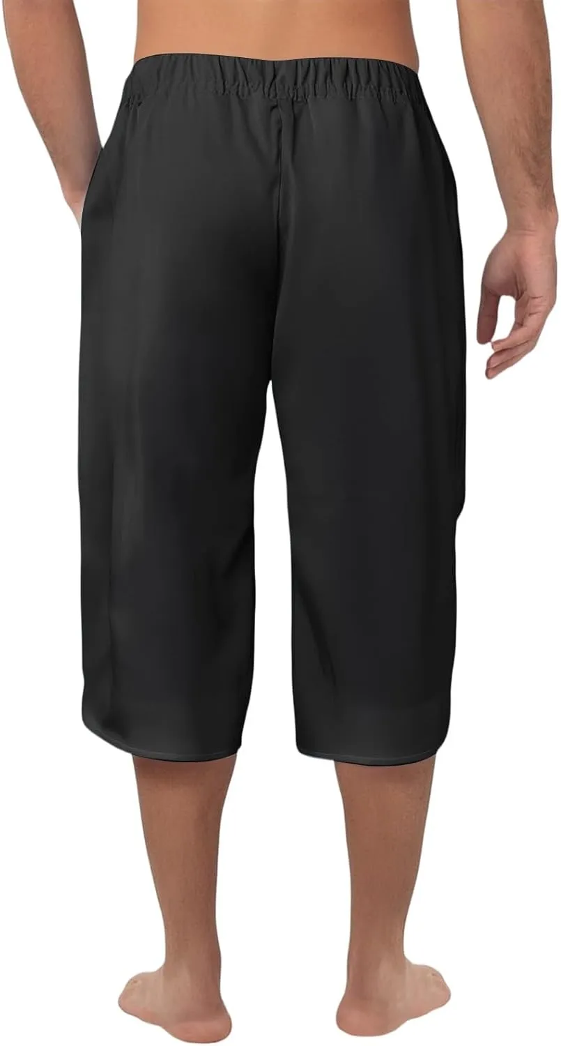 Mens Cotton Linen Pants Slim Fit 3/4 Long Shorts Elastic Waist Drawstring Harem Casual Beach Trousers
