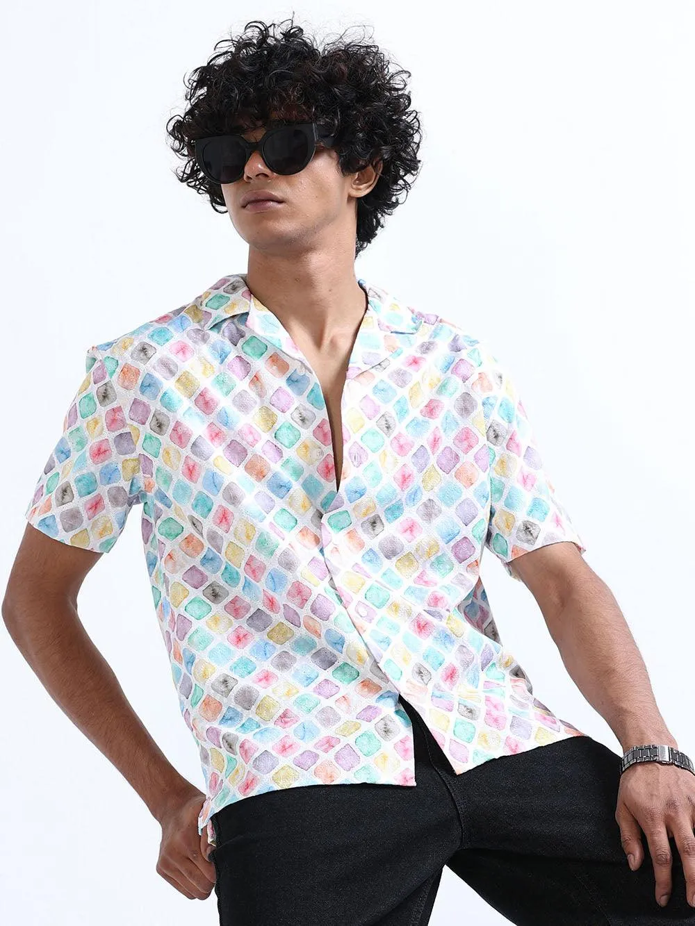 Men's Multicolor Cuban Collar Embroidered shirt