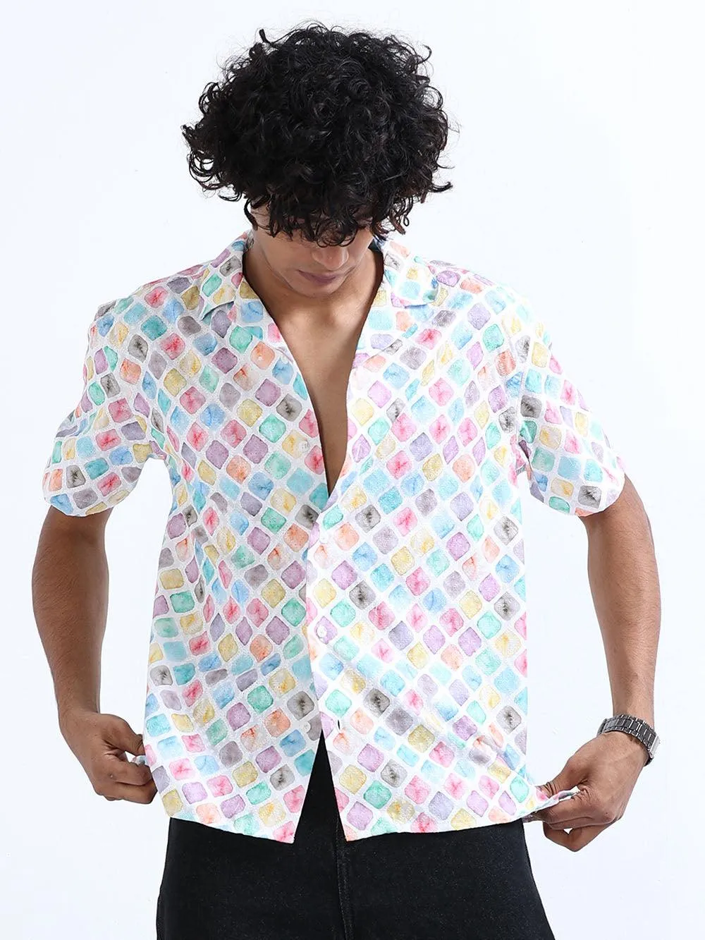 Men's Multicolor Cuban Collar Embroidered shirt
