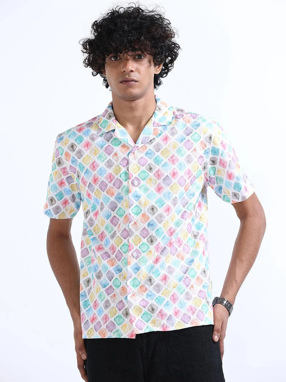 Men's Multicolor Cuban Collar Embroidered shirt