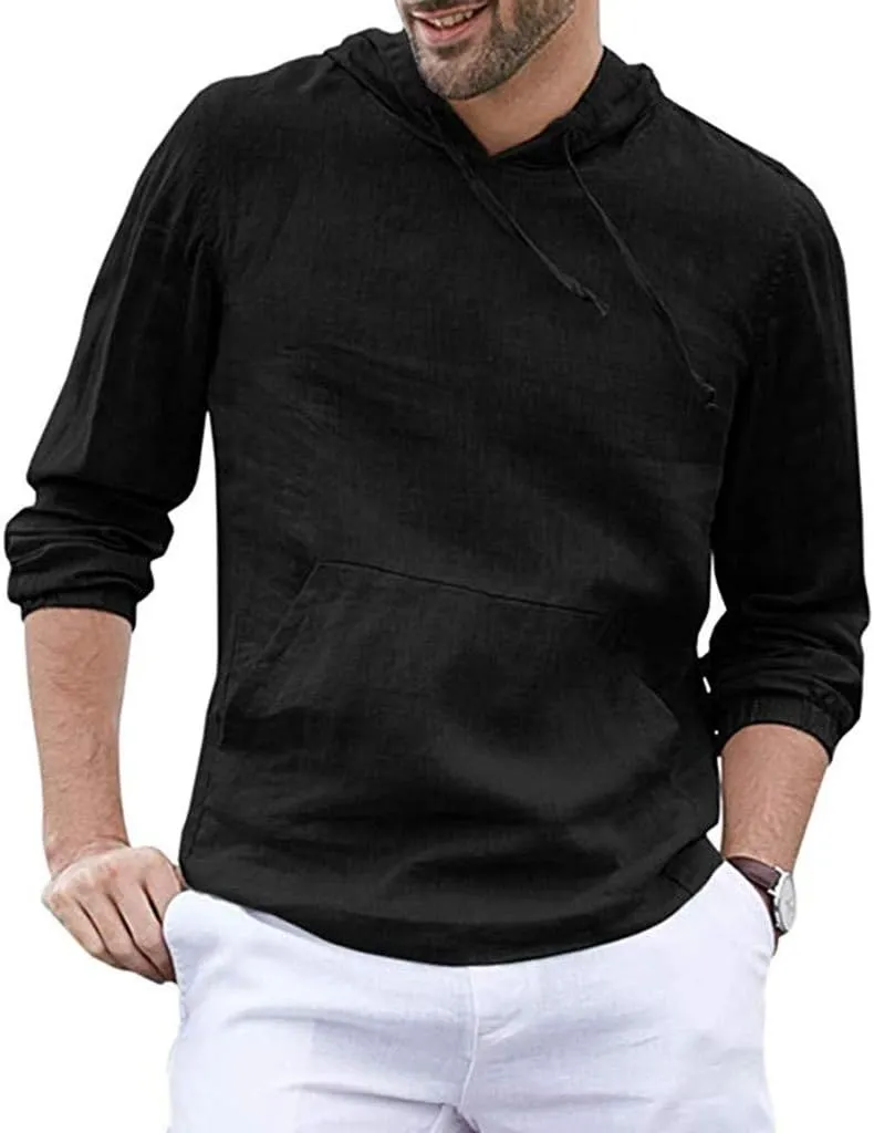 Mens Trendy Hoodie Baggy Cotton Linen Hooded Pocket Solid Long Sleeve Retro T Shirts Tops Hoodies Pullover