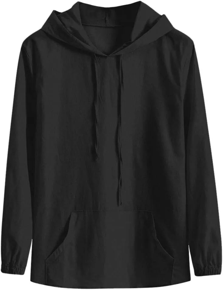 Mens Trendy Hoodie Baggy Cotton Linen Hooded Pocket Solid Long Sleeve Retro T Shirts Tops Hoodies Pullover