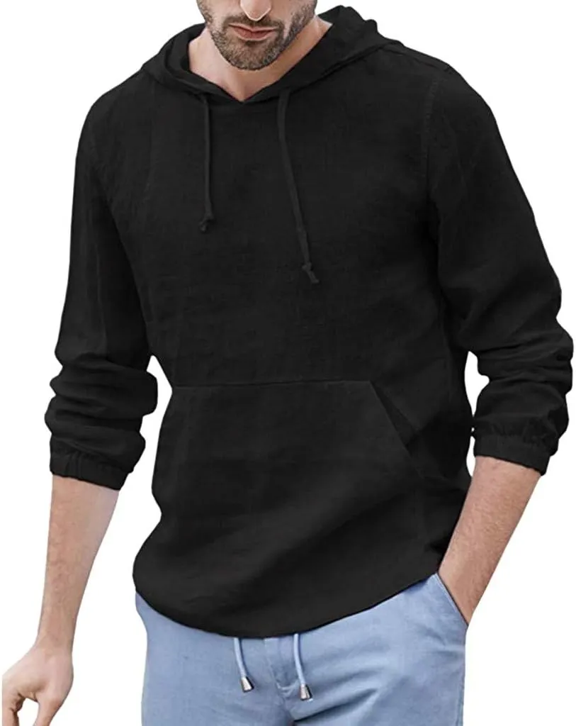 Mens Trendy Hoodie Baggy Cotton Linen Hooded Pocket Solid Long Sleeve Retro T Shirts Tops Hoodies Pullover