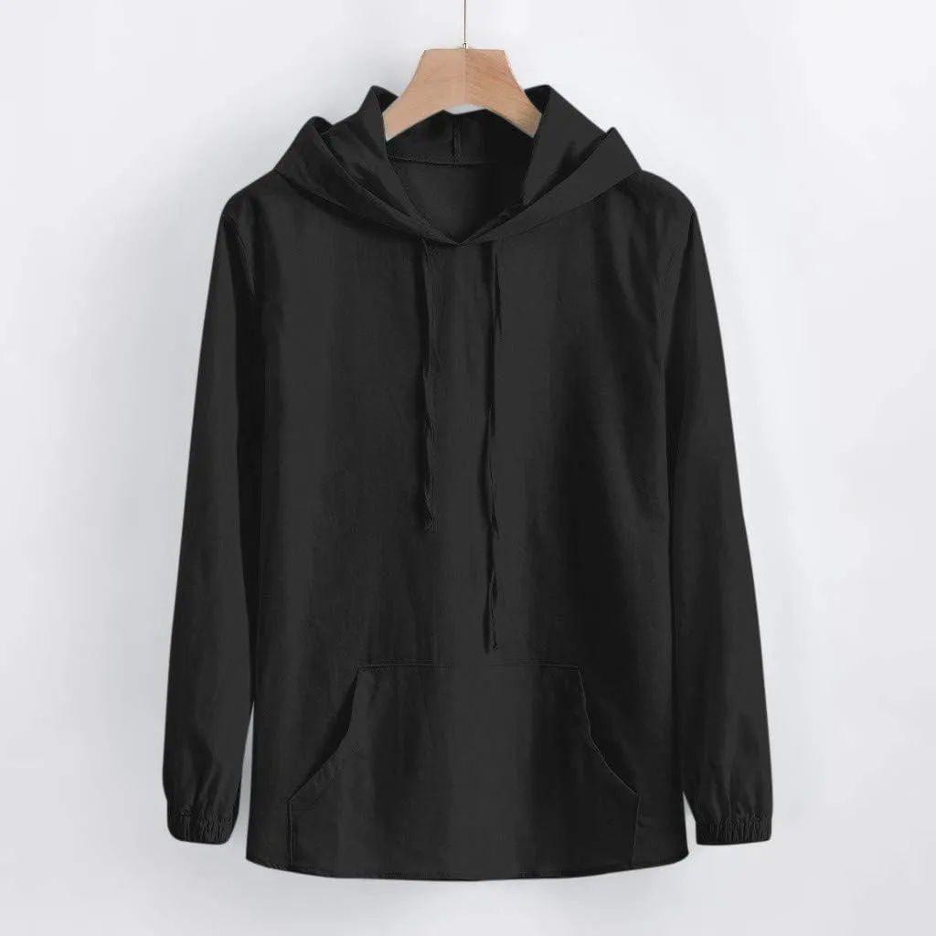 Mens Trendy Hoodie Baggy Cotton Linen Hooded Pocket Solid Long Sleeve Retro T Shirts Tops Hoodies Pullover
