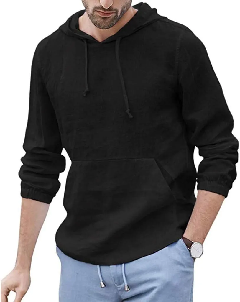 Mens Trendy Hoodie Baggy Cotton Linen Hooded Pocket Solid Long Sleeve Retro T Shirts Tops Hoodies Pullover