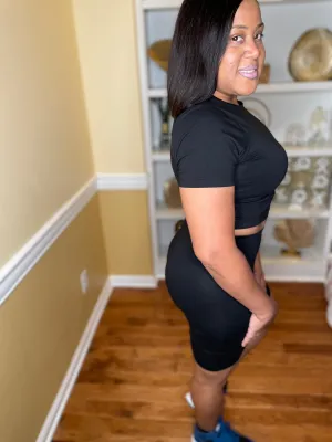 Over You - black crop top and biker shorts set