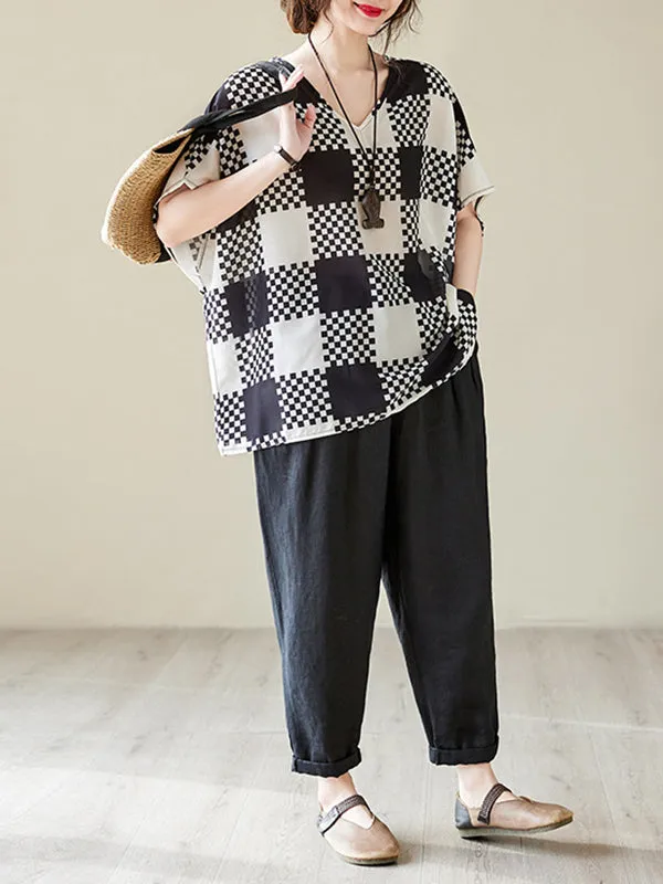 Plaid Half Sleeves Loose V-Neck T-Shirts Tops