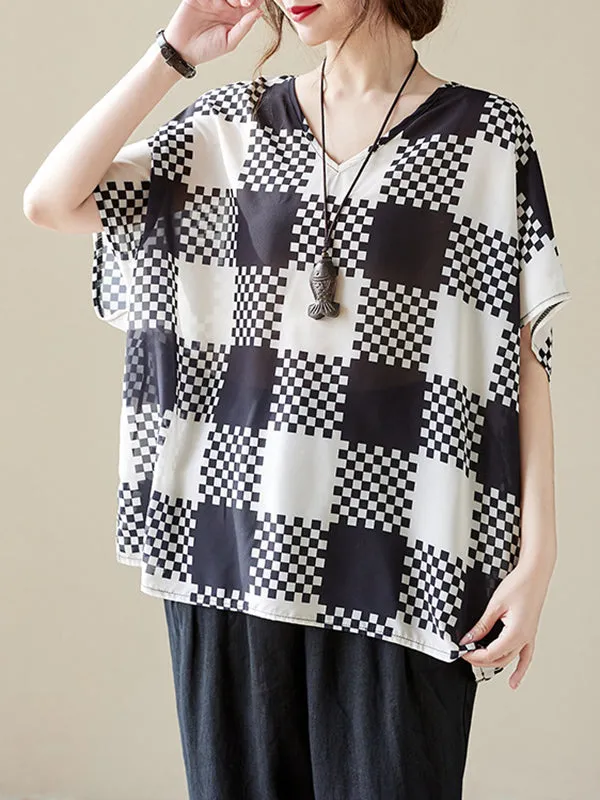 Plaid Half Sleeves Loose V-Neck T-Shirts Tops