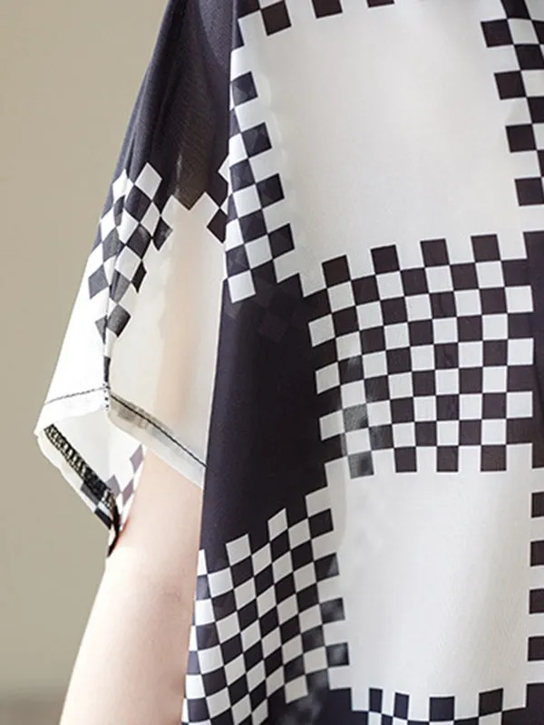 Plaid Half Sleeves Loose V-Neck T-Shirts Tops