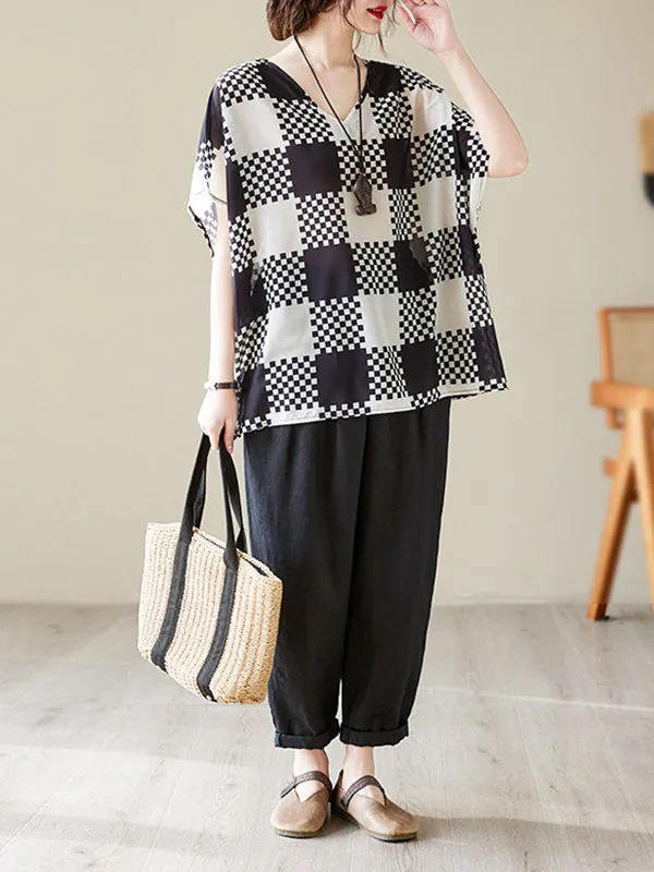 Plaid Half Sleeves Loose V-Neck T-Shirts Tops