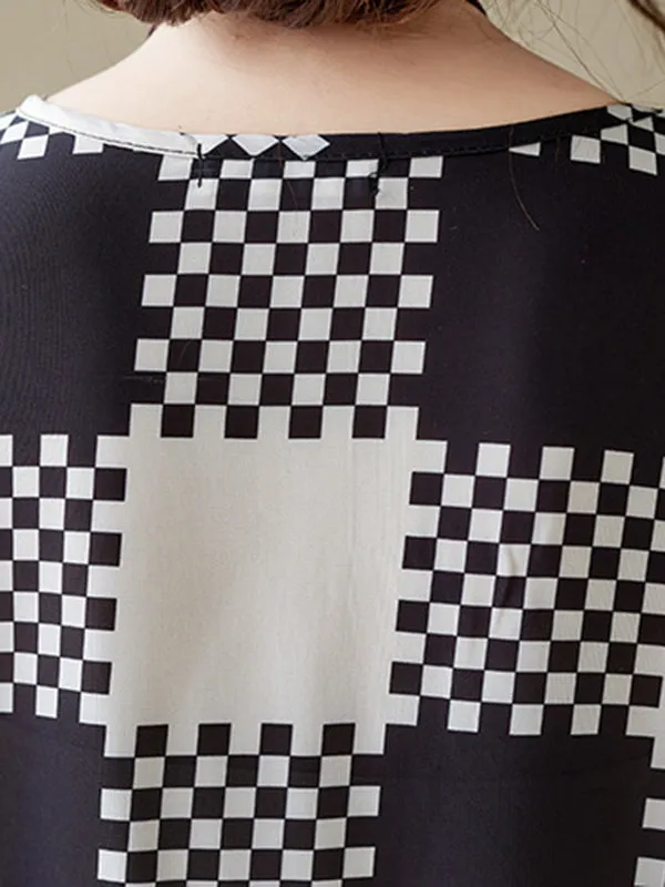 Plaid Half Sleeves Loose V-Neck T-Shirts Tops