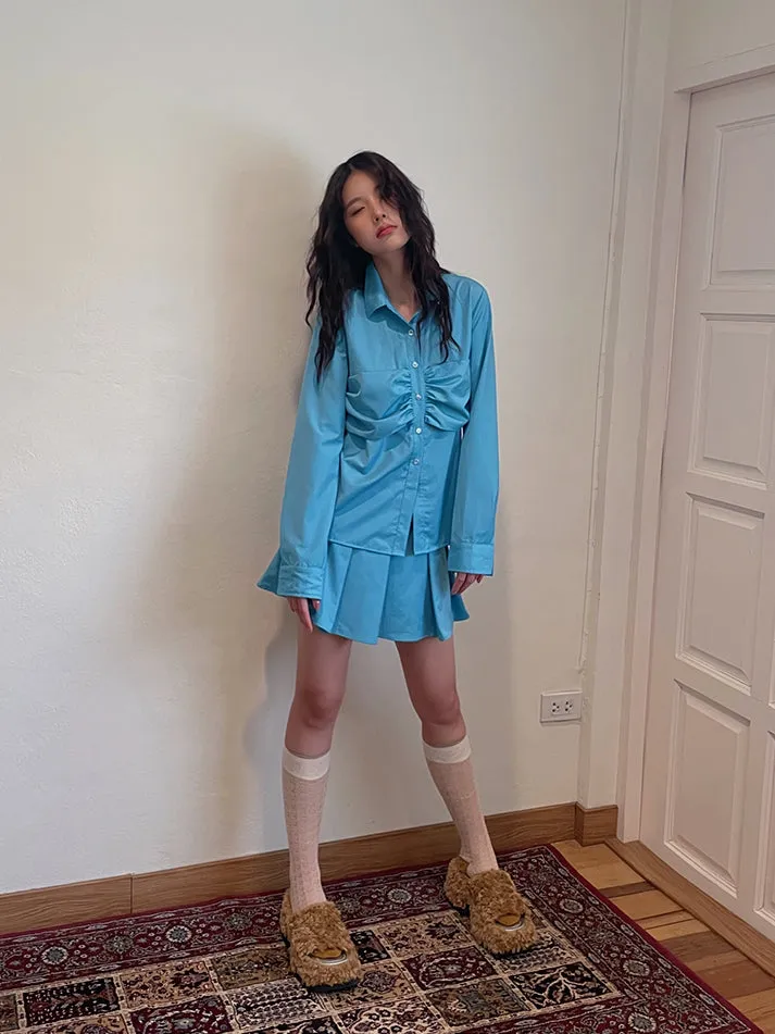 Plain Gather Pleats Simple Shirt＆Mini-Skirt
