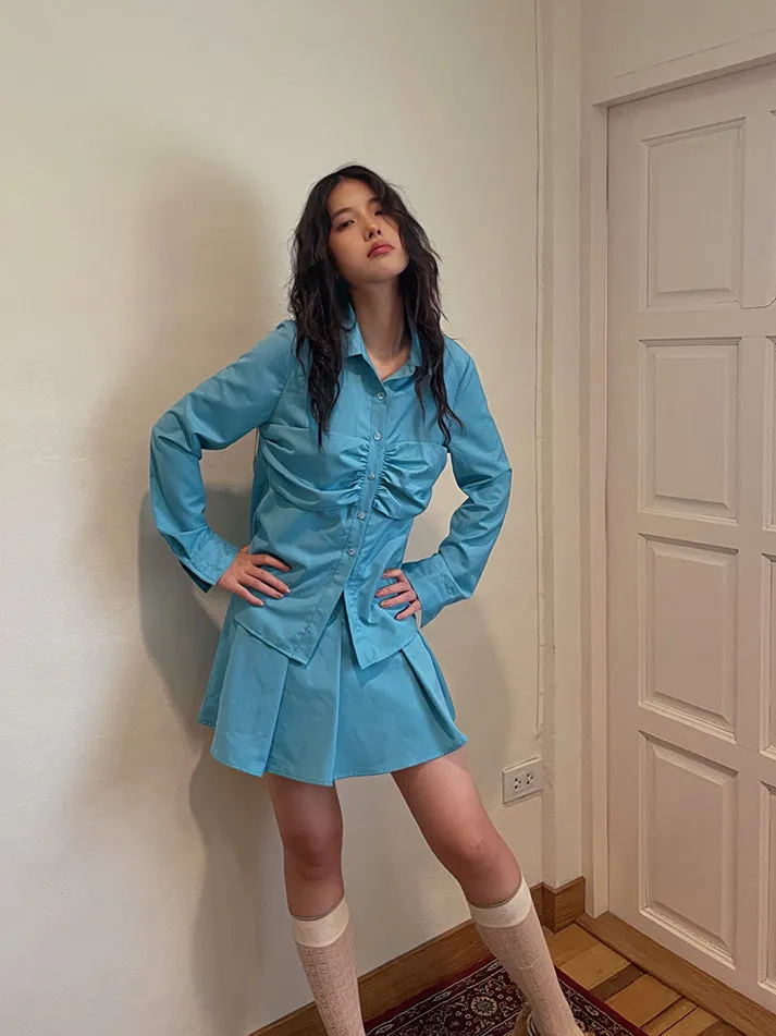 Plain Gather Pleats Simple Shirt＆Mini-Skirt