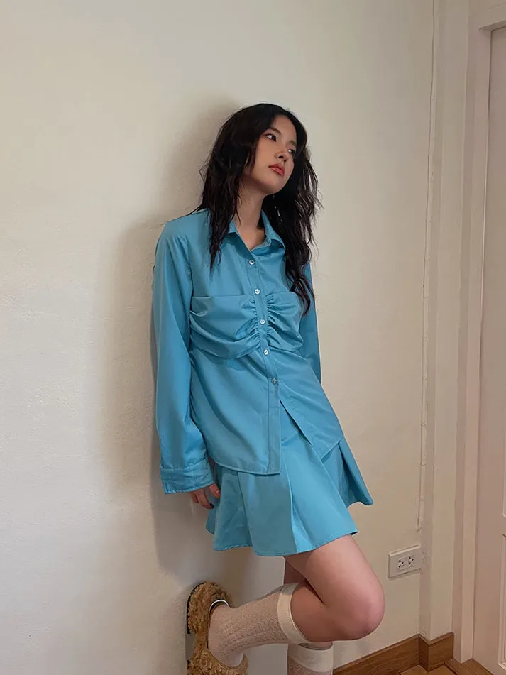 Plain Gather Pleats Simple Shirt＆Mini-Skirt