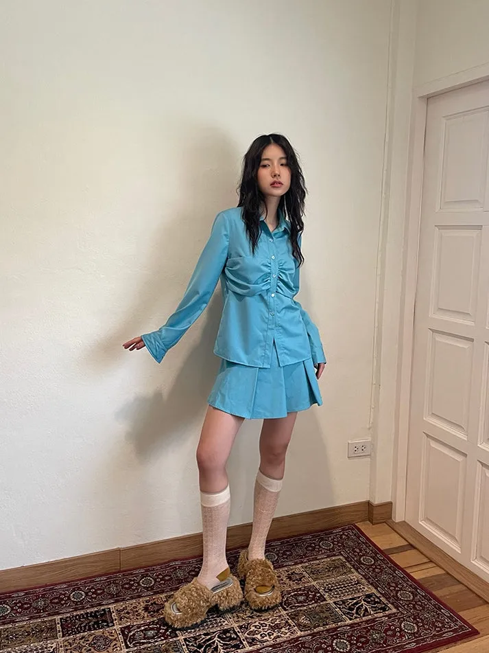 Plain Gather Pleats Simple Shirt＆Mini-Skirt