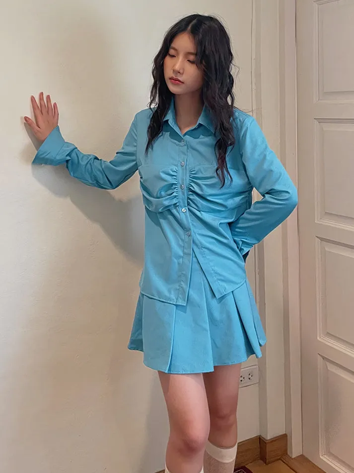 Plain Gather Pleats Simple Shirt＆Mini-Skirt