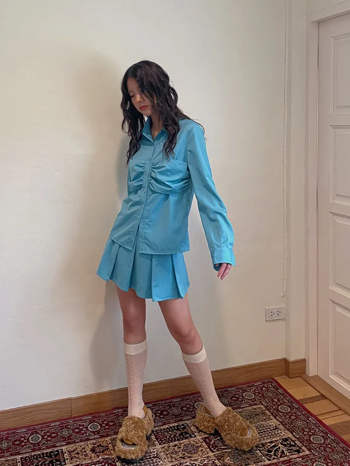 Plain Gather Pleats Simple Shirt＆Mini-Skirt