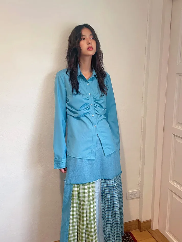 Plain Gather Pleats Simple Shirt＆Mini-Skirt