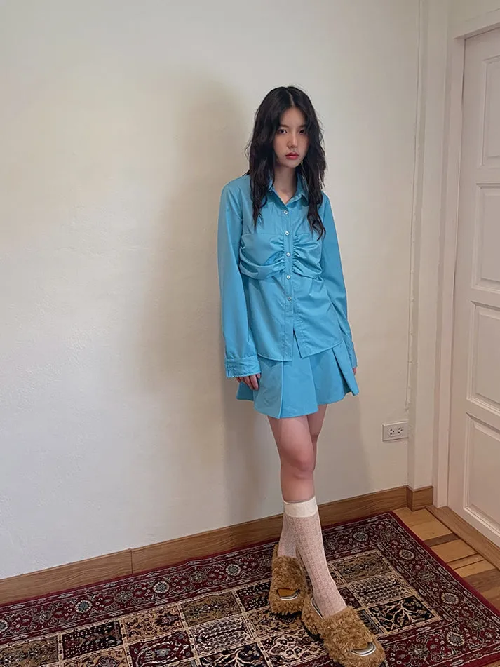 Plain Gather Pleats Simple Shirt＆Mini-Skirt