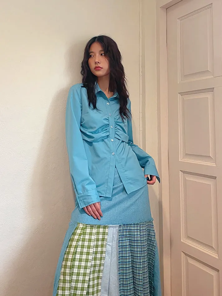 Plain Gather Pleats Simple Shirt＆Mini-Skirt