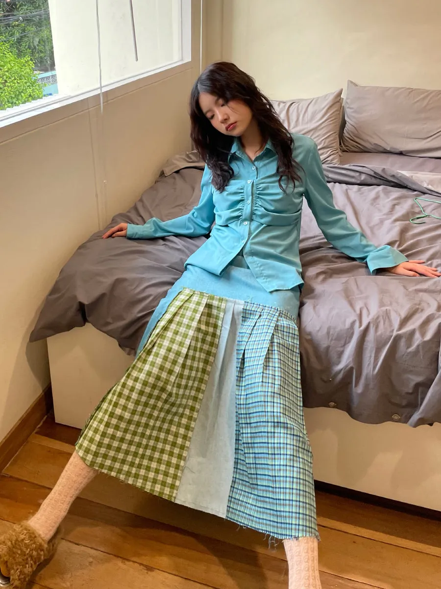 Plain Gather Pleats Simple Shirt＆Mini-Skirt