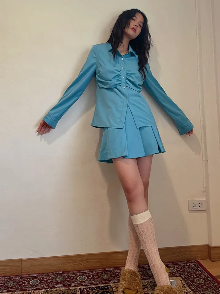 Plain Gather Pleats Simple Shirt＆Mini-Skirt
