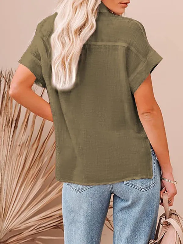 Pleated Loose Short Sleeves Lapel Blouses&Shirts Tops