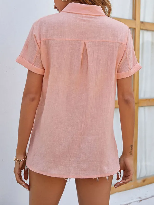 Pleated Loose Short Sleeves Lapel Blouses&Shirts Tops