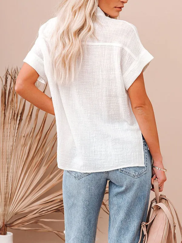 Pleated Loose Short Sleeves Lapel Blouses&Shirts Tops
