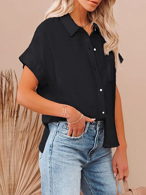 Pleated Loose Short Sleeves Lapel Blouses&Shirts Tops