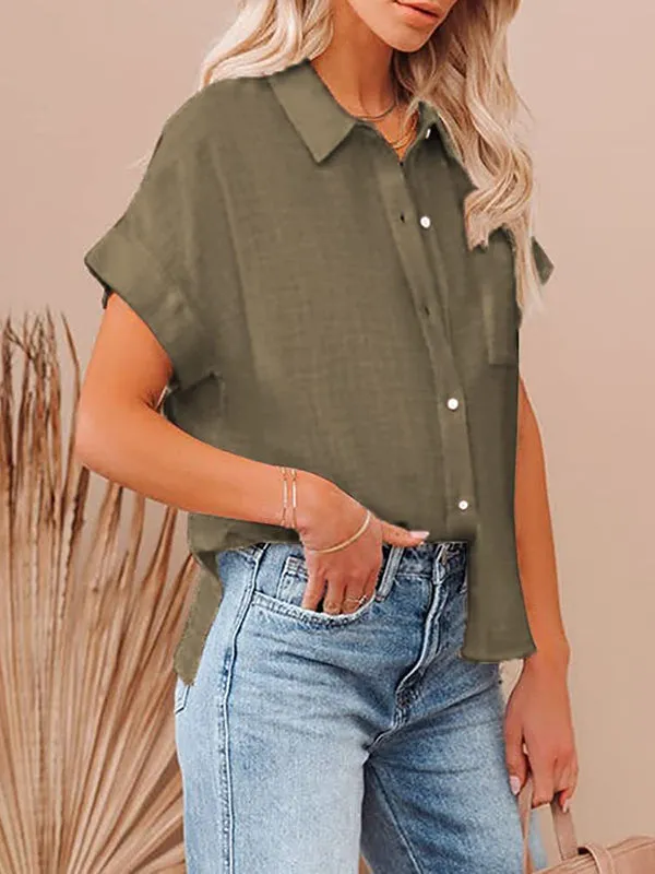 Pleated Loose Short Sleeves Lapel Blouses&Shirts Tops