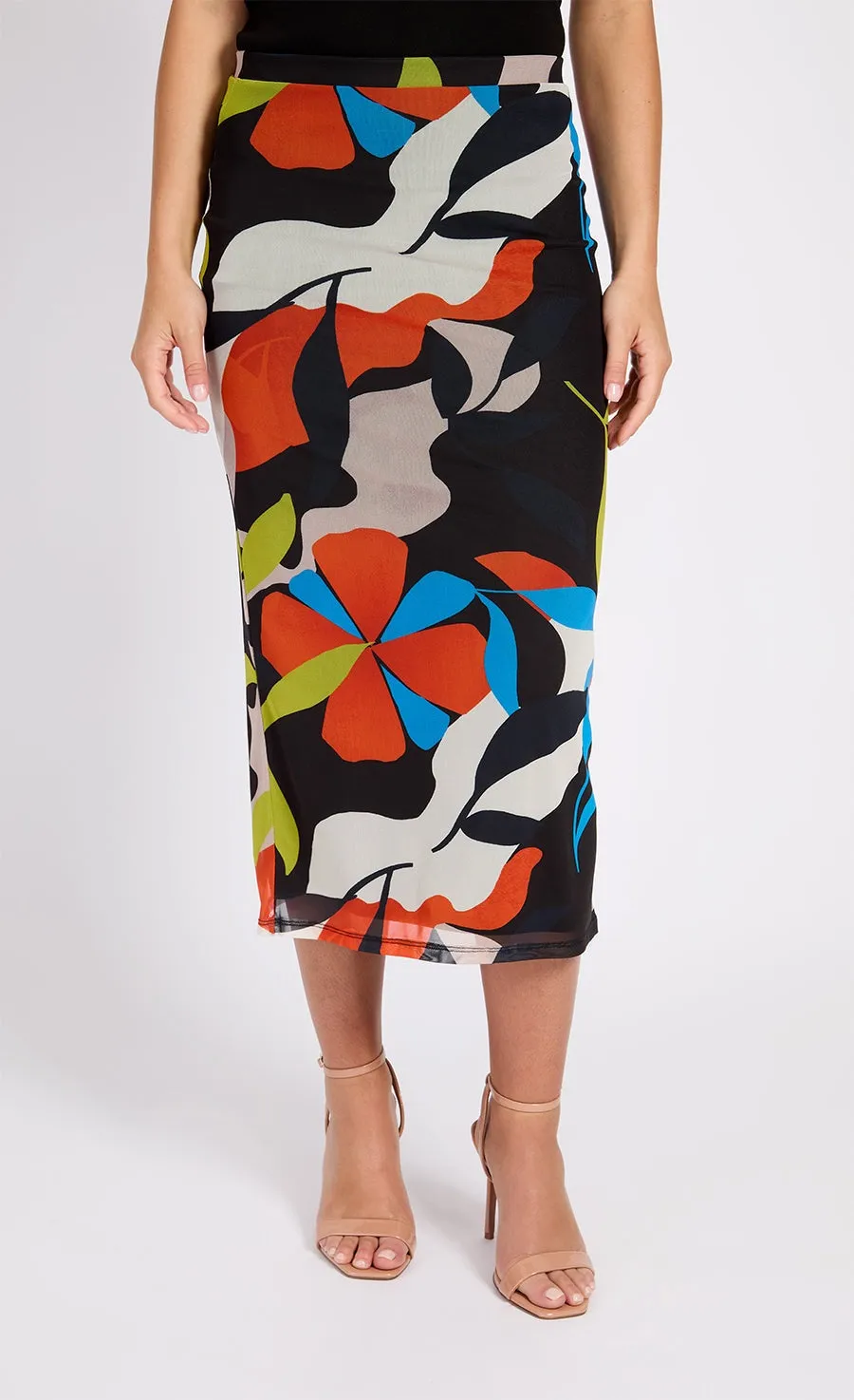 Printed Mesh Midi Skirt - Multcolour