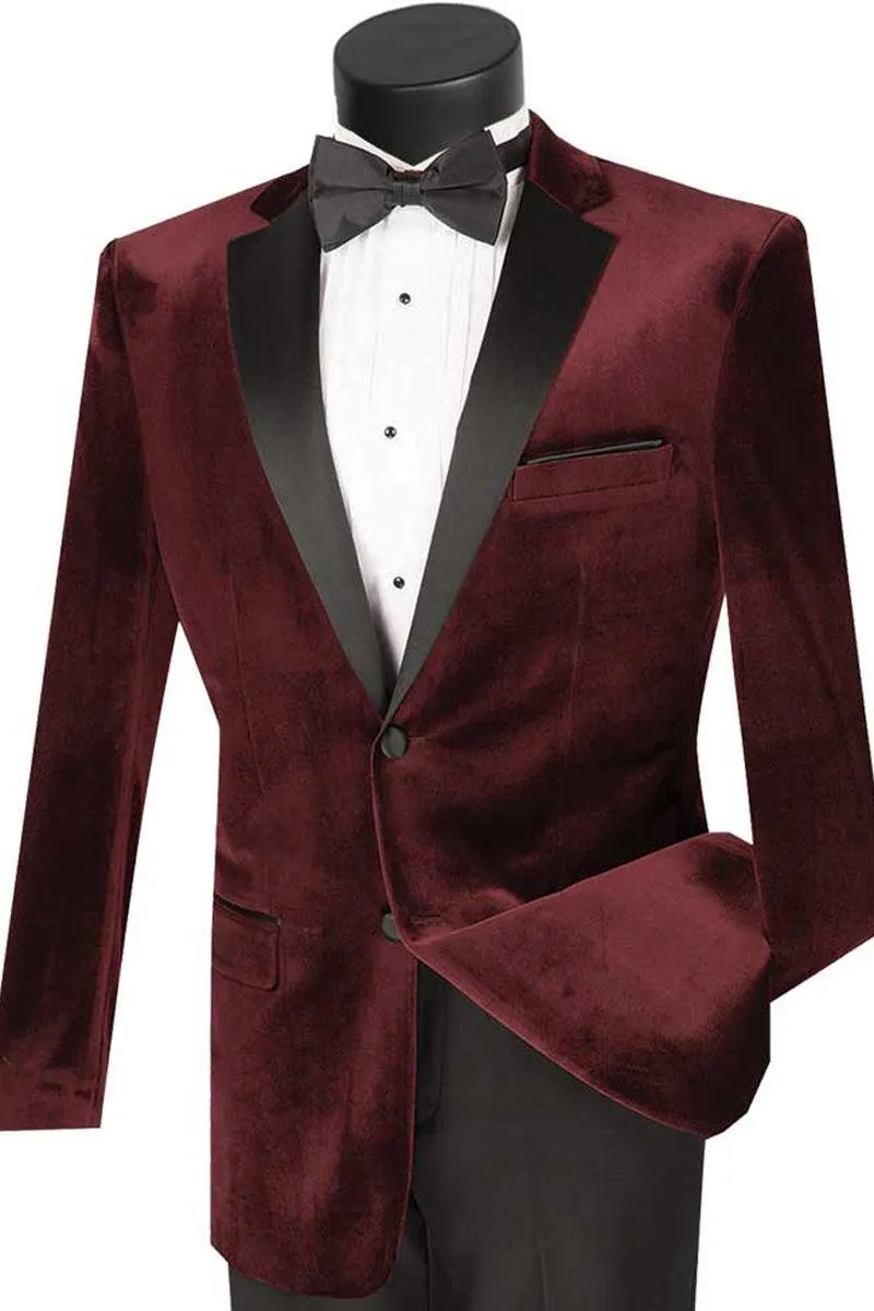 "Elevate Your Prom or Wedding Style with Vinci's Burgundy Velvet Tuxedo: A Modern and Sophisticated Choice"