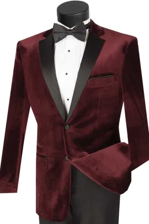 "Elevate Your Prom or Wedding Style with Vinci's Burgundy Velvet Tuxedo: A Modern and Sophisticated Choice"