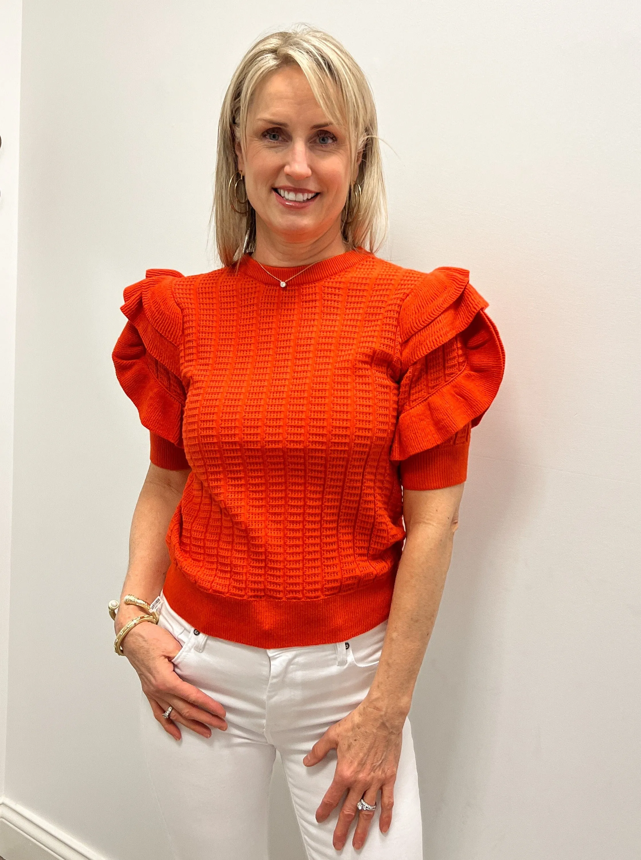 Red Knitted Ruffle S/S Top