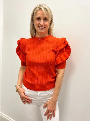Red Knitted Ruffle S/S Top