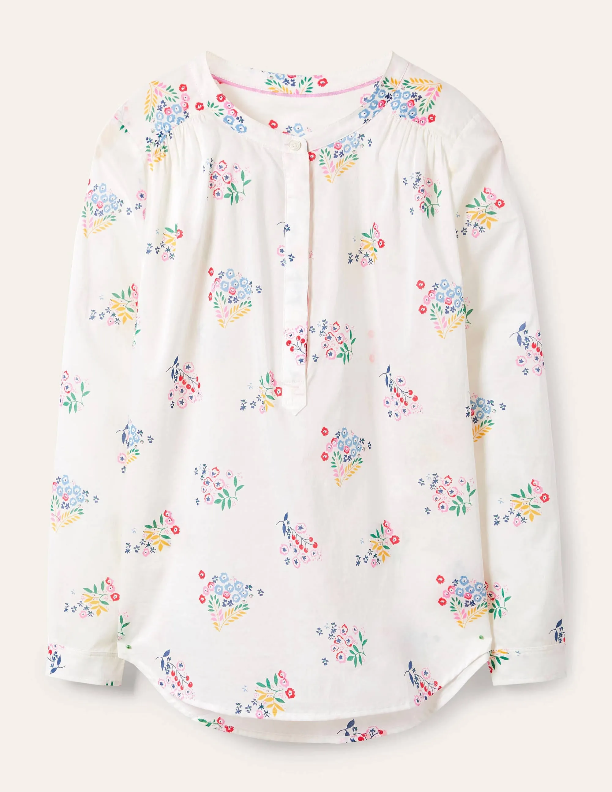 Relaxed Popover Cotton Shirt-Ivory, Delicate Sprig