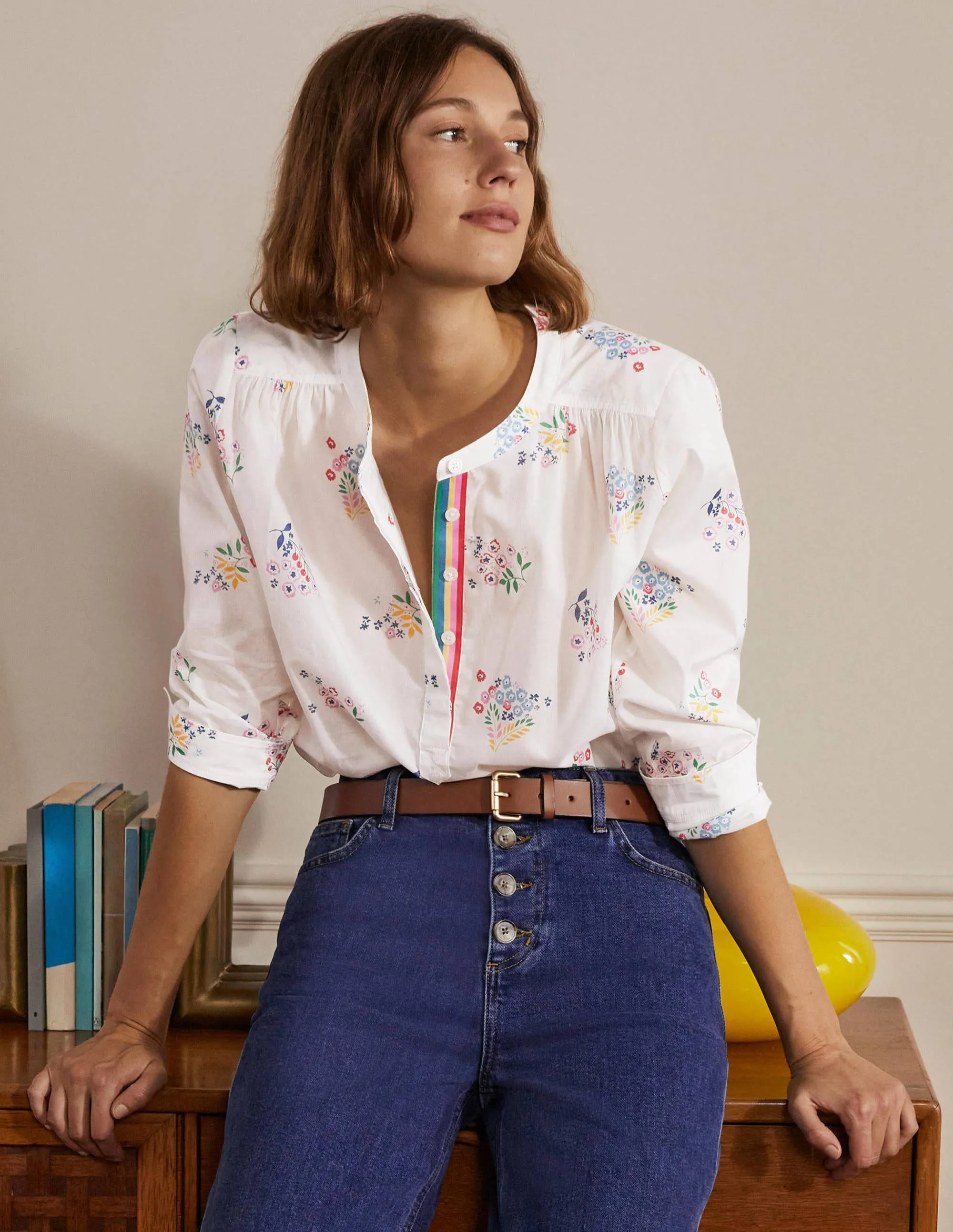 Relaxed Popover Cotton Shirt-Ivory, Delicate Sprig