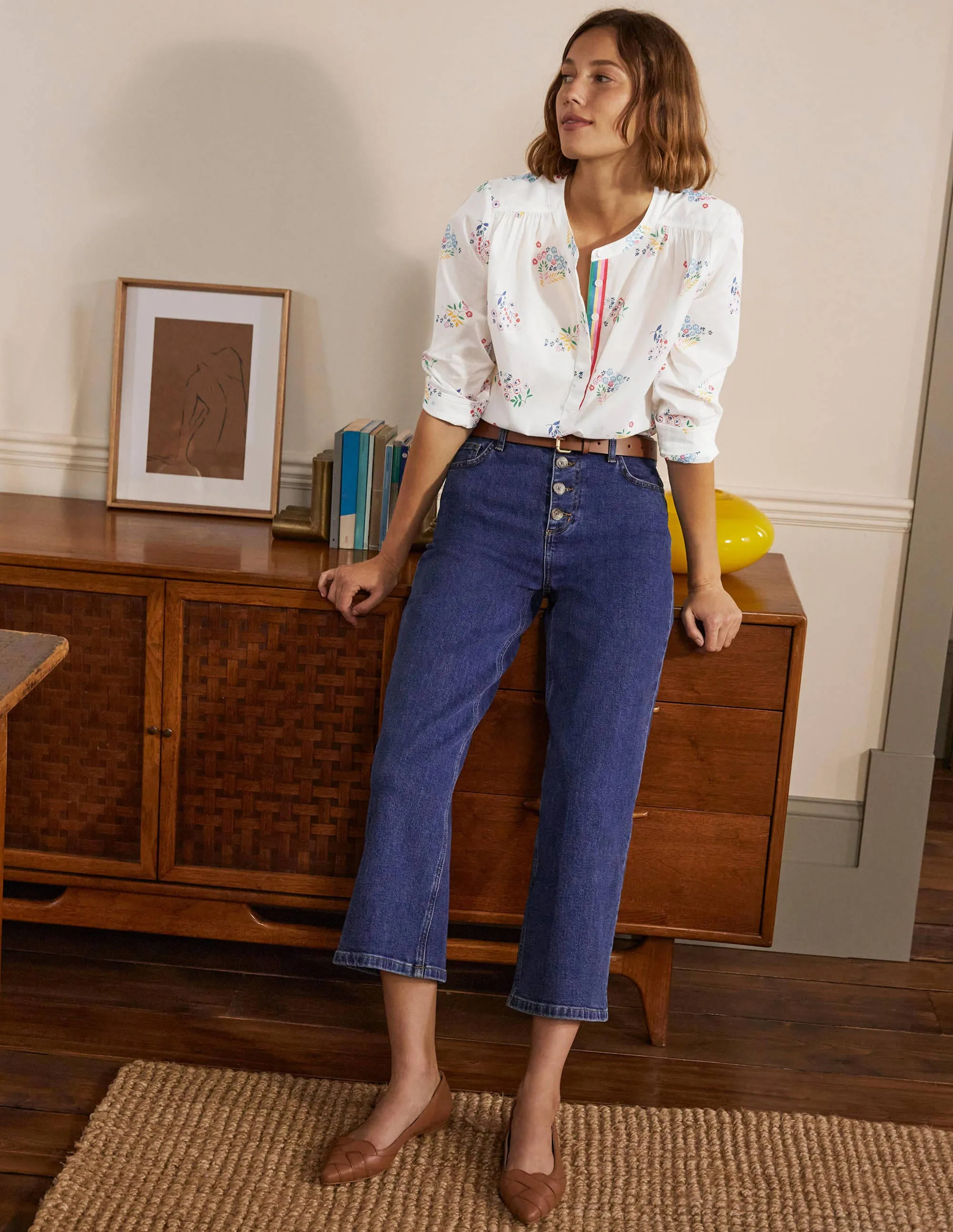 Relaxed Popover Cotton Shirt-Ivory, Delicate Sprig