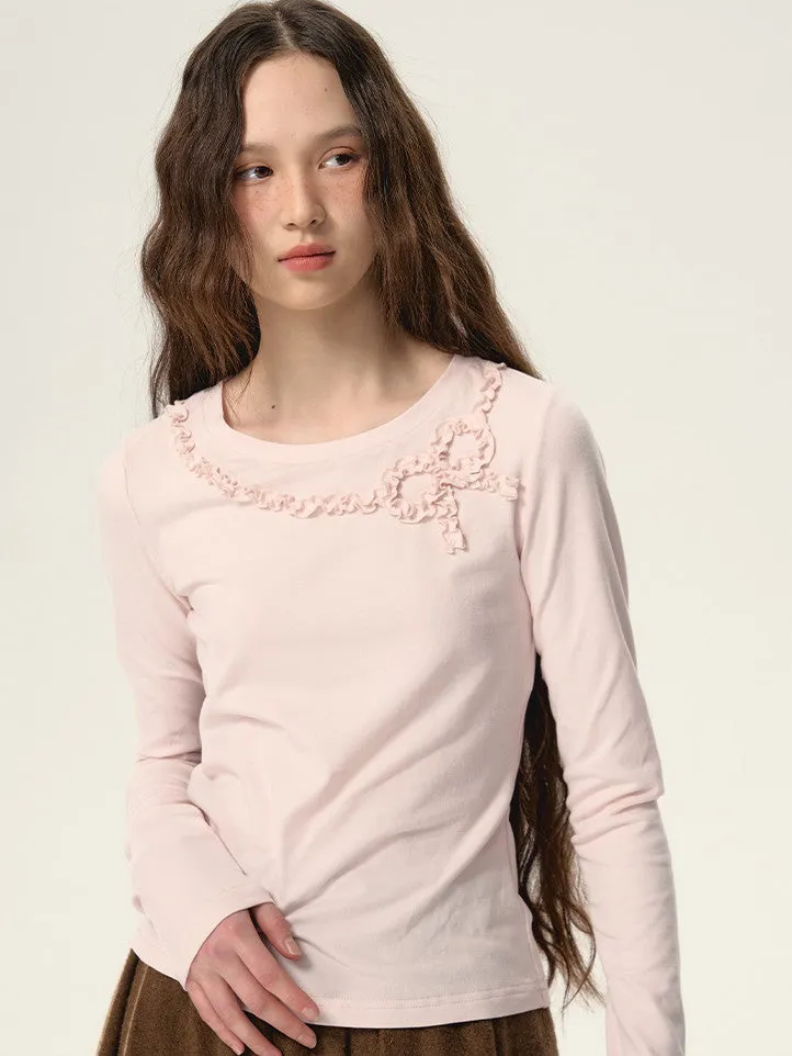 Ribbon Frill Round-Neck Natural Simple Cutsew