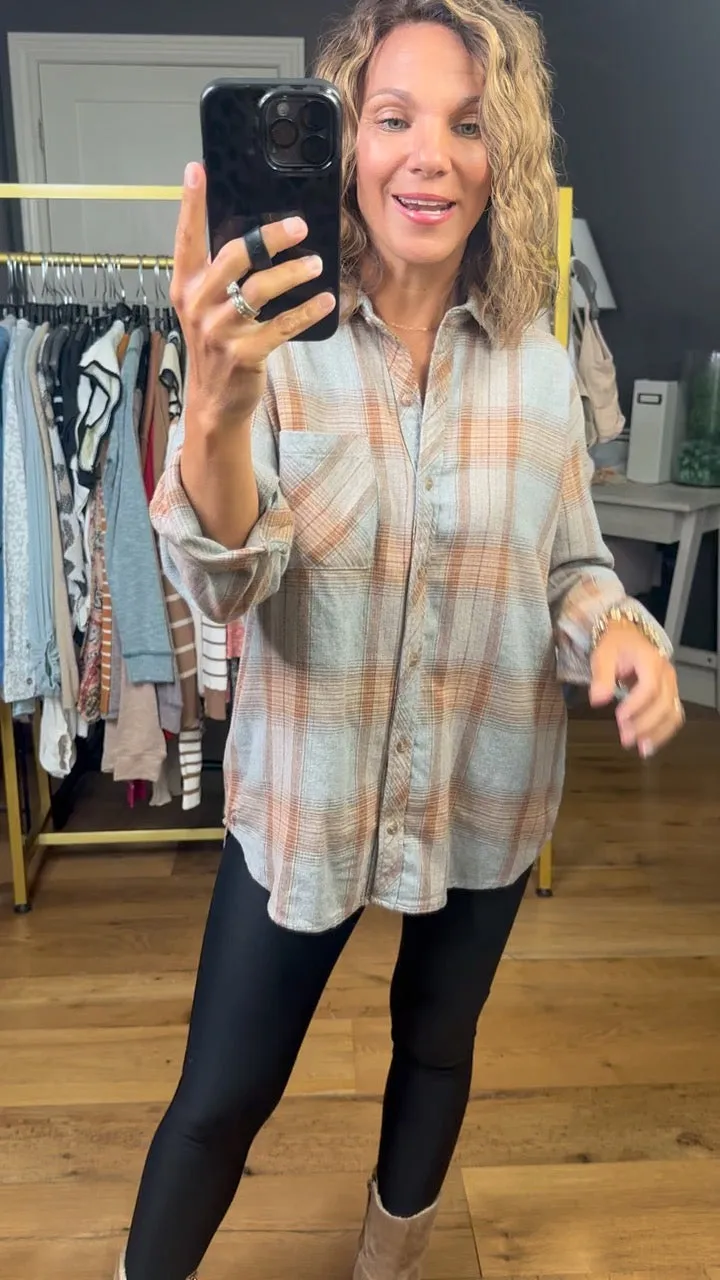 Right Time, Right Place Plaid Button-Down Top - Caramel