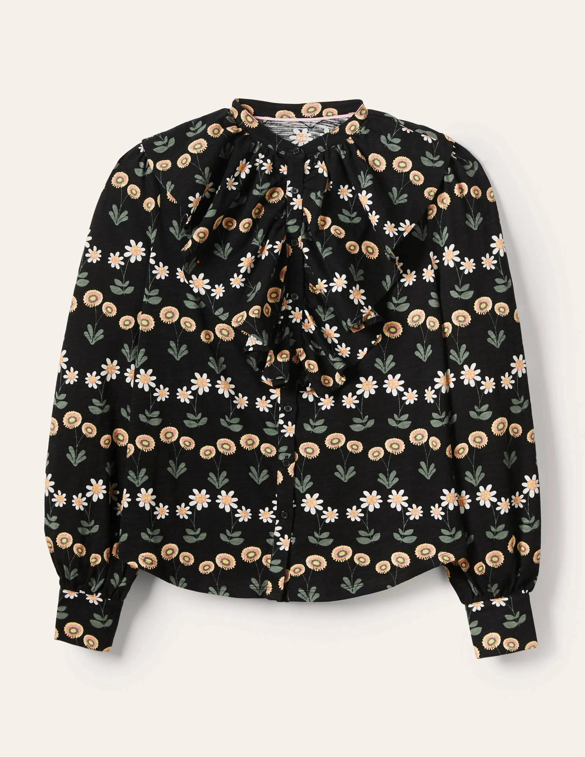 Ruffle Front Jersey Shirt-Black, Delicate Daisy