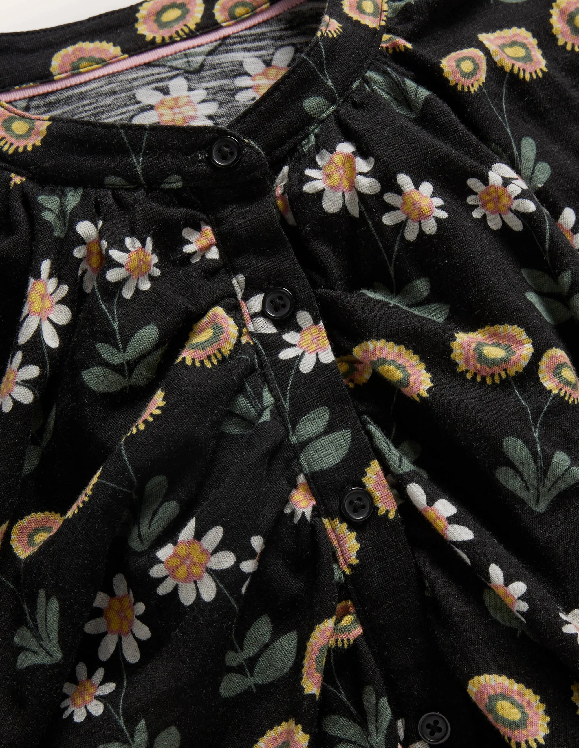 Ruffle Front Jersey Shirt-Black, Delicate Daisy