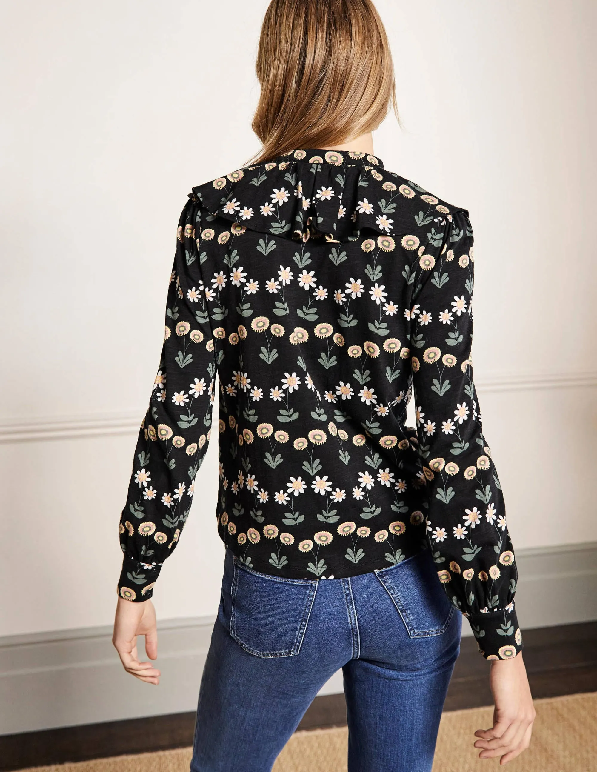 Ruffle Front Jersey Shirt-Black, Delicate Daisy