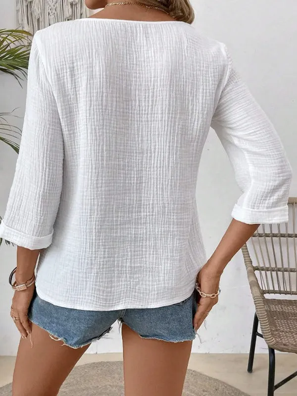 See-Through Solid Color Split-Joint Long Sleeves Loose Square-Neck Blouses&Shirts Tops