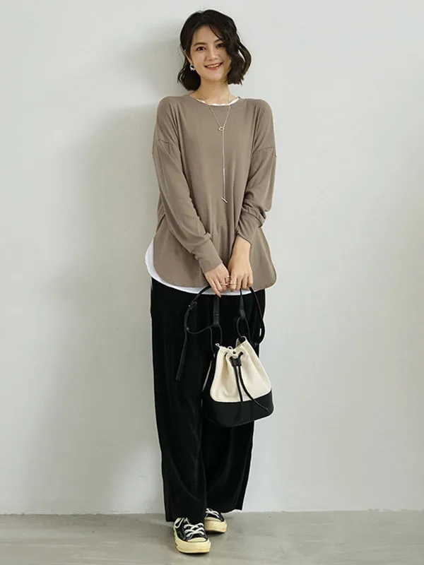 Simple Long Sleeves Loose Split-Side Solid Color Round-Neck T-Shirts Tops