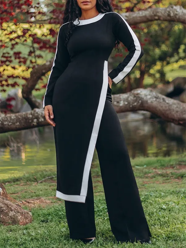 Split-side Striped Long Sleeves Loose Round-neck T-Shirt Tops&Pants Two Pieces Set